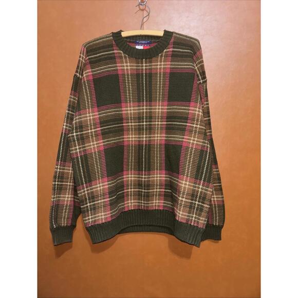 Vintage Tommy Hilfiger Sweater XL Green Red Plaid Cotton‎ Crewneck Pullover 90s - Picture 1 of 9